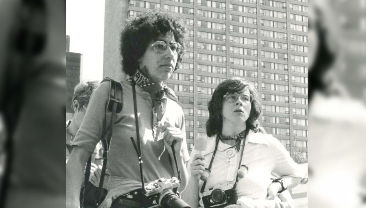 Protesters in Toronto during a rally for equity, childcare services, and the liberation of Morgentaler. May 10, 1975. 10-001-S3-I347.