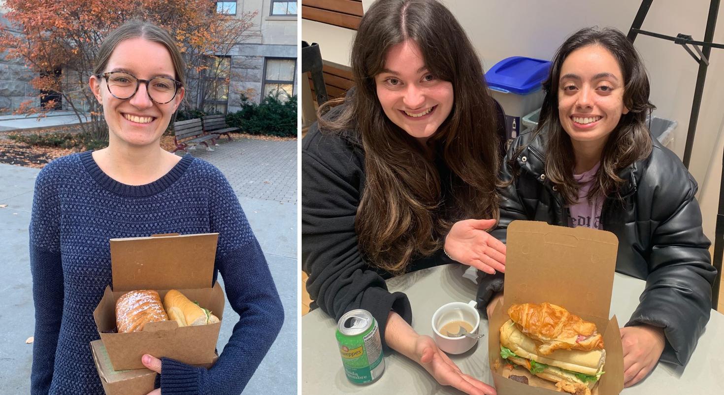 Three students show off boxes of sandwiches they scored by responding to a Free Food Alert.