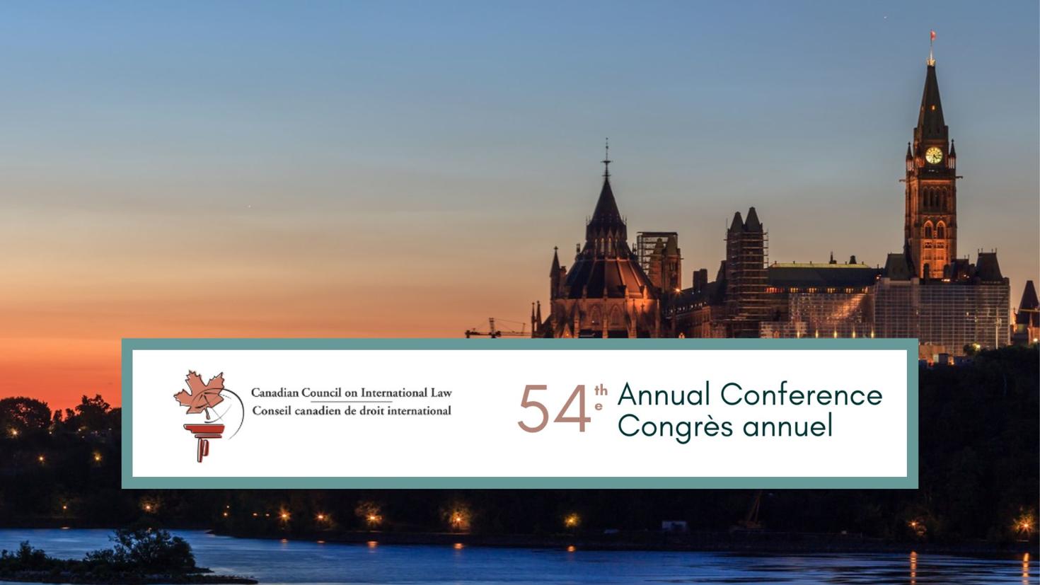 Parliament buildings at dusk overlaid with logo for 54th annual CCIL conference