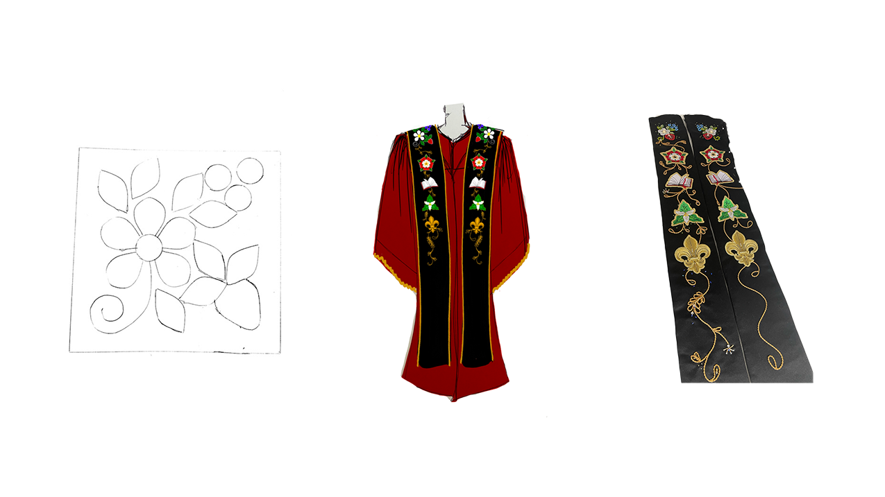 Trois étapes de la conception : une esquisse de wābigon; une illustration de l’étole; et le produit fini, orné de son perlage.