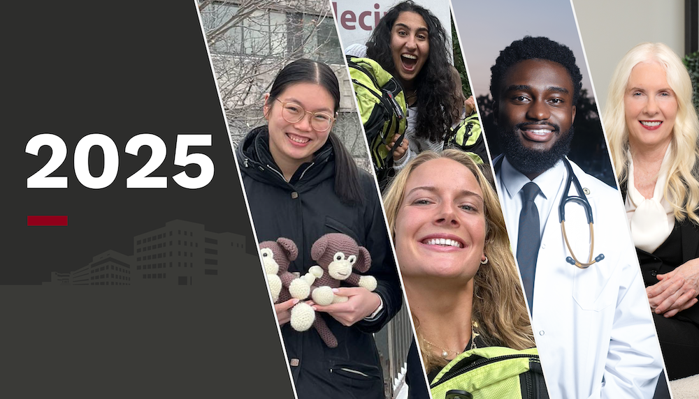 A collage with 2025, a silhouette of the Faculty of Medicine campus, medicine students featured in the linked stories, and dean of medicine Melissa Forgie.