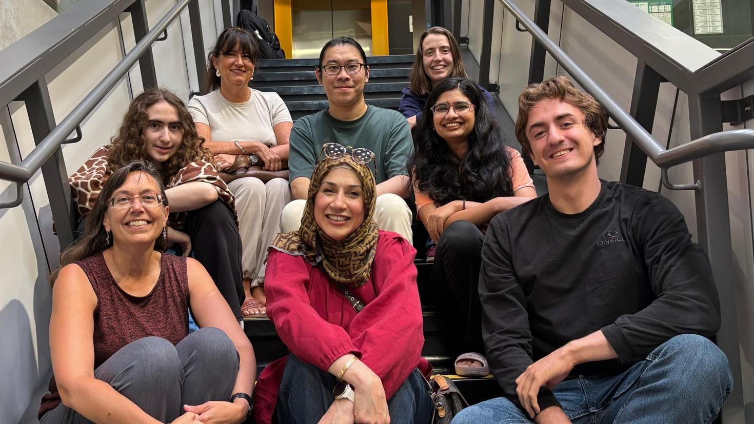 Monica Nevins (bottom left) with her research group (from front row: Serine Bairakji, Zander Karaganis, Carolina Scassa, Bennett Punyat Hon, Ekta Tiwari) and collaborators (back row:  Susanne Pumplün (University of Nottingham) and Adèle Bourgeois (Tutte Institute for Mathematics and Computing; TIMC)).
