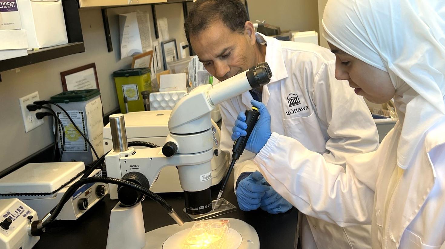 : In a workspace equipped with scientific instruments and supplies, two researchers wearing white lab coats work together at a microscope. Vishal Saxena (left) observes attentively while Raneem Salah (right) uses a pipette to transfer liquid into a dish placed under the microscope.