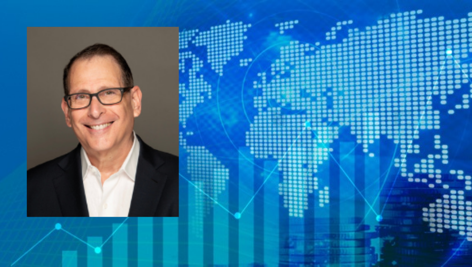 Martin Eichenbaum's headshot on blue background with charts and map of world