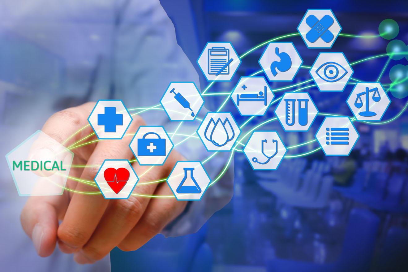 A person points at hexagons displaying medical icons like a heart, syringe, and stethoscope.