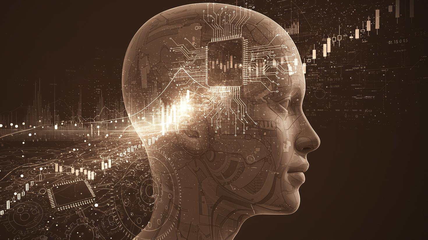 Illustration numérique d’une tête humaine avec des circuits intégrés symbolisant l’intelligence artificielle en médecine.