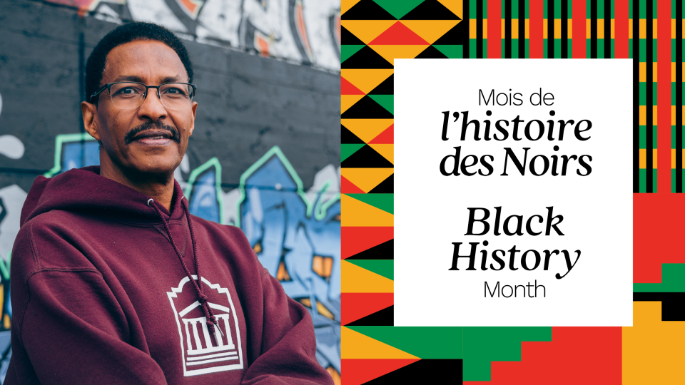 Dr. Awad Ibrahim in front of a wall covered with graffiti. Next to him is a design that says "Black History Month/Mois de l'histoire des Noirs."