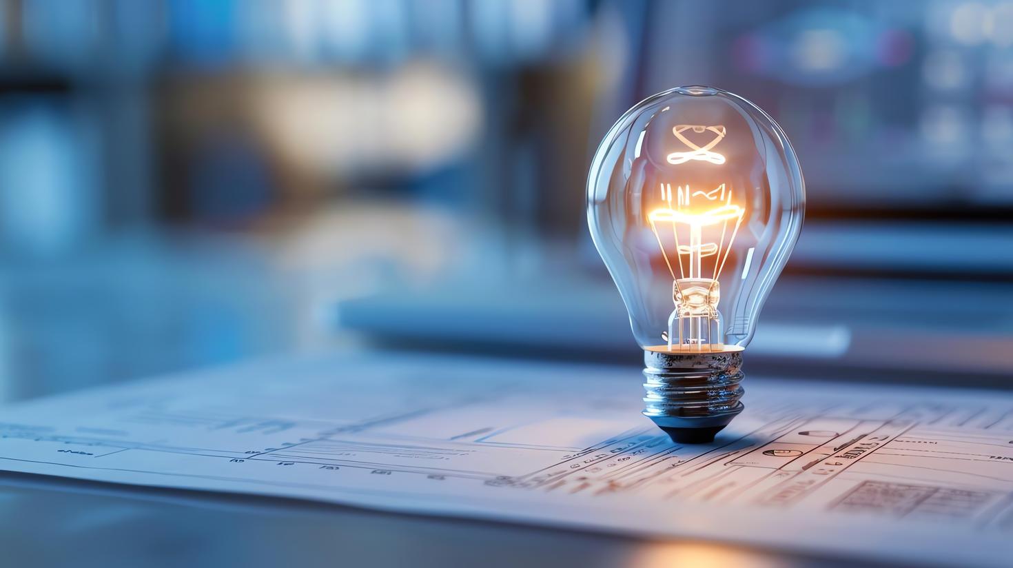 Une ampoule allumée posée sur des plans techniques, symbolisant l’innovation, les idées et le développement technologique à un stade précoce.lowing light bulb resting on technical drawings, symbolizing innovation, ideas, and early-stage technology development.