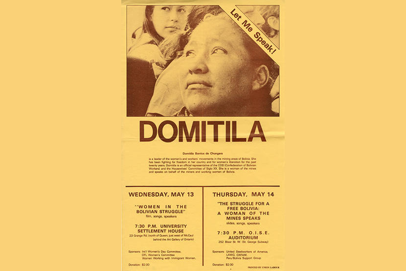 Dépliant pour une conférence donnée par Domitila Barrios de Chungara (vers les années 1980) 