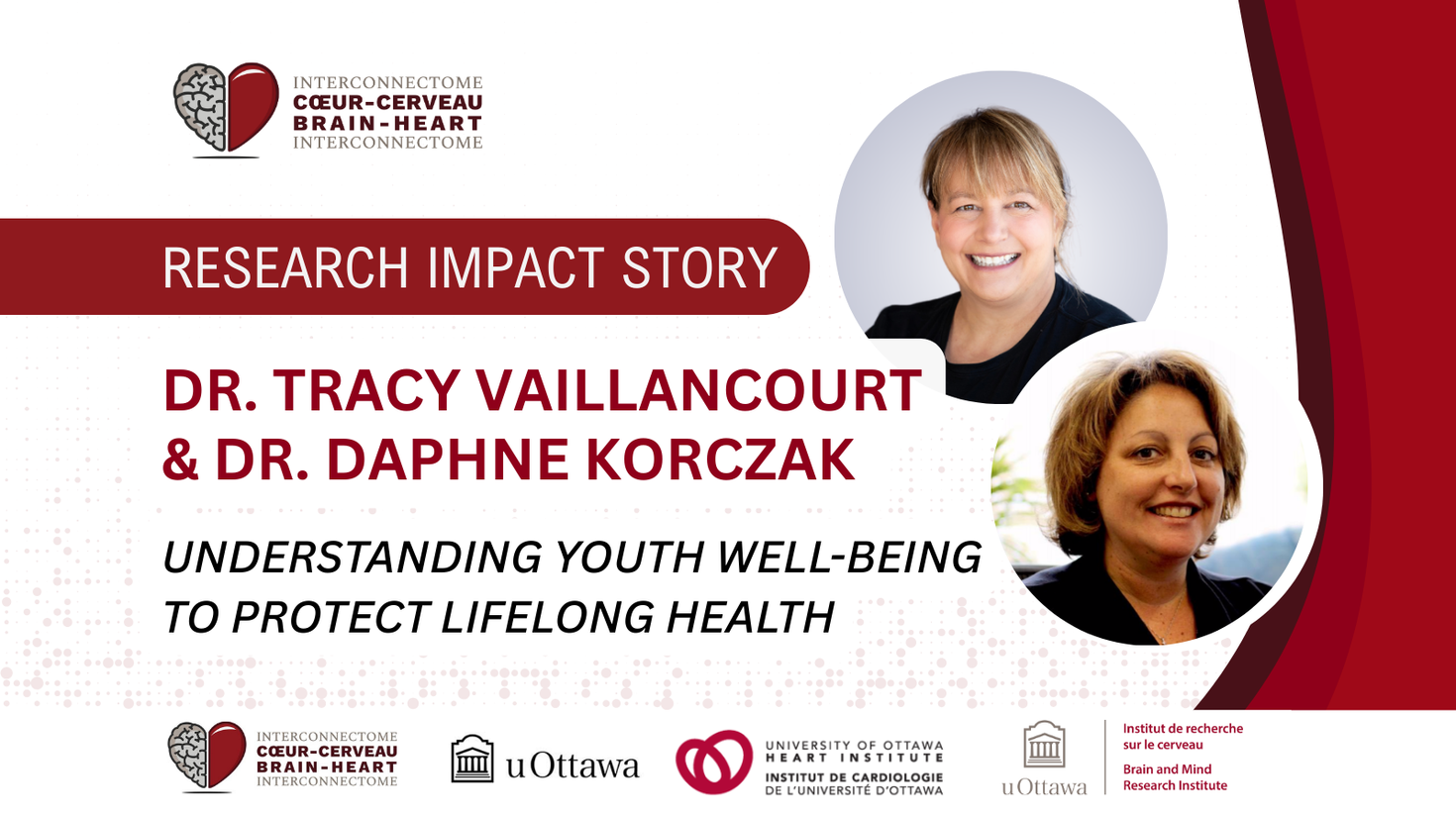 Research impact story banner with photos of Dr. Tracy Vaillancourt and Dr. Daphne Korczak.