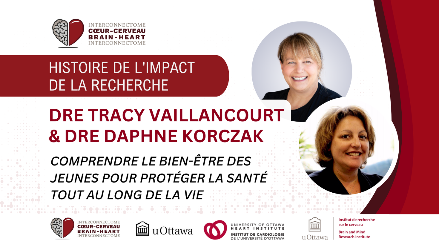 Bannière présentant l'impact de la recherche avec des photos de la Dre Tracy Vaillancourt et de la Dre Daphne Korczak.