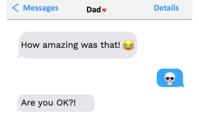 Screenshot of messages between dad and child using emojis