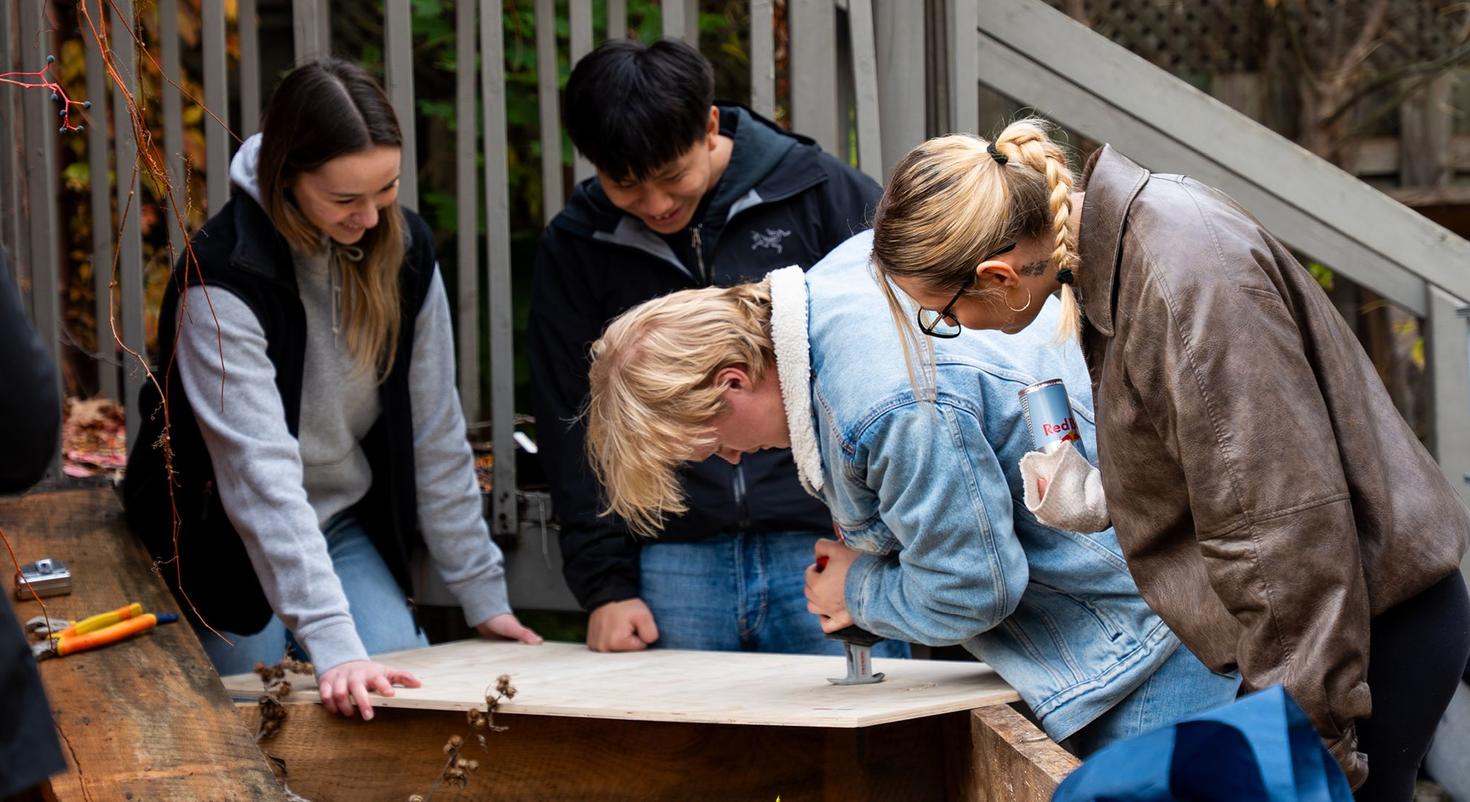Un groupe de quatre étudiants et étudiantes construit une jardinière en contreplaqué.