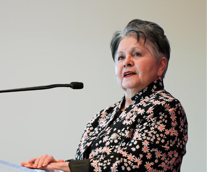 Chancellor Claudette Commanda speaking.