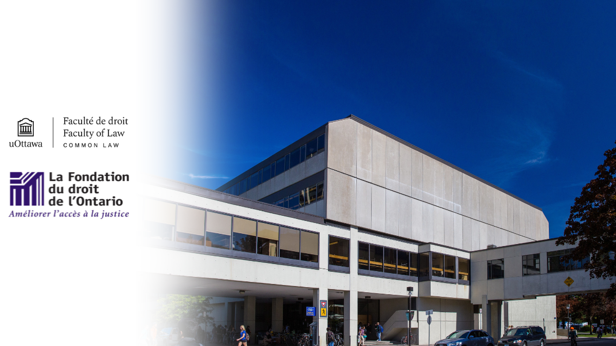 Outside of the Faculty of Law building at University of Ottawa, set against a blue sky.