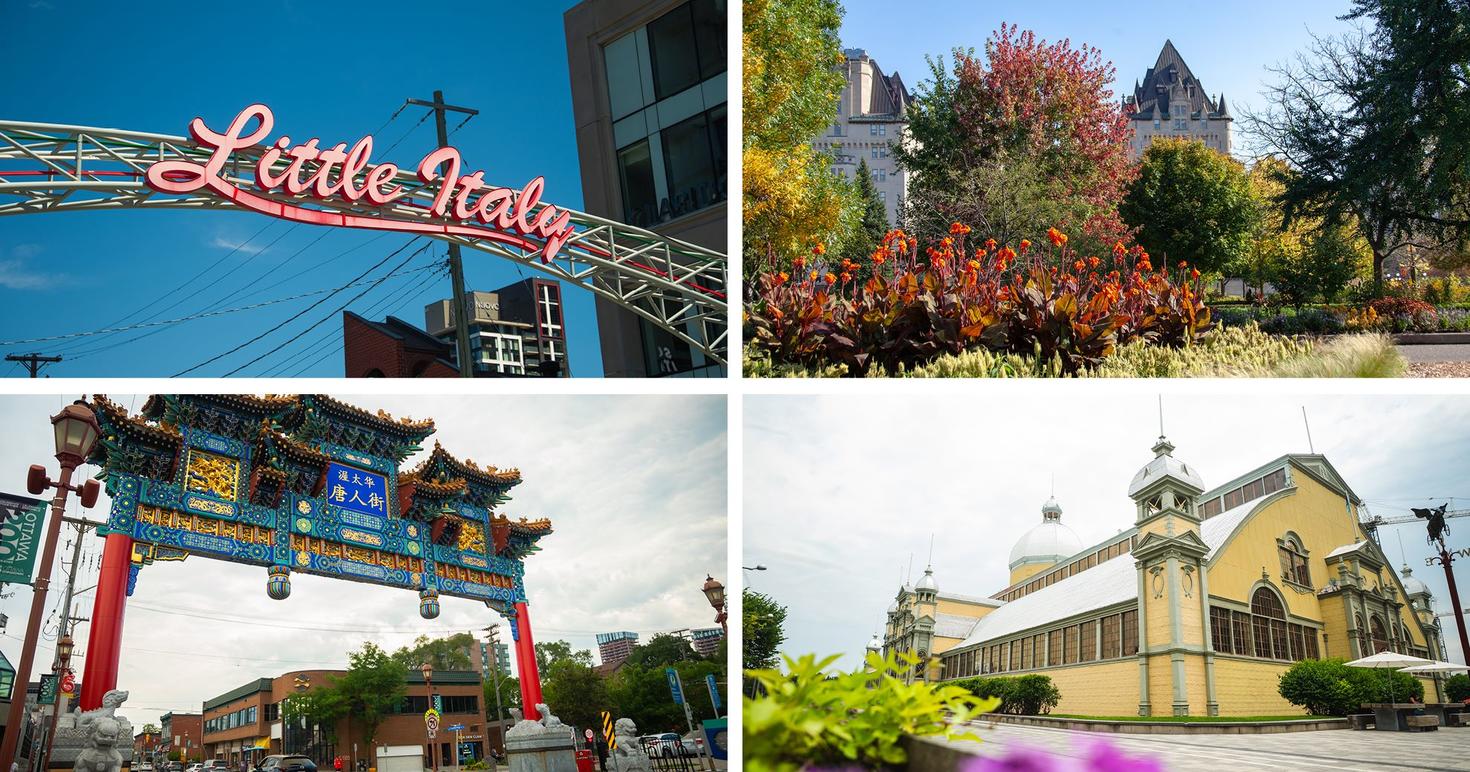 Un collage représentant l'enseigne de Little Italy, le parc de Major's Hill, la porte royale de Chinatown et le pavillon Aberdeen dans le quartier de The Glebe.