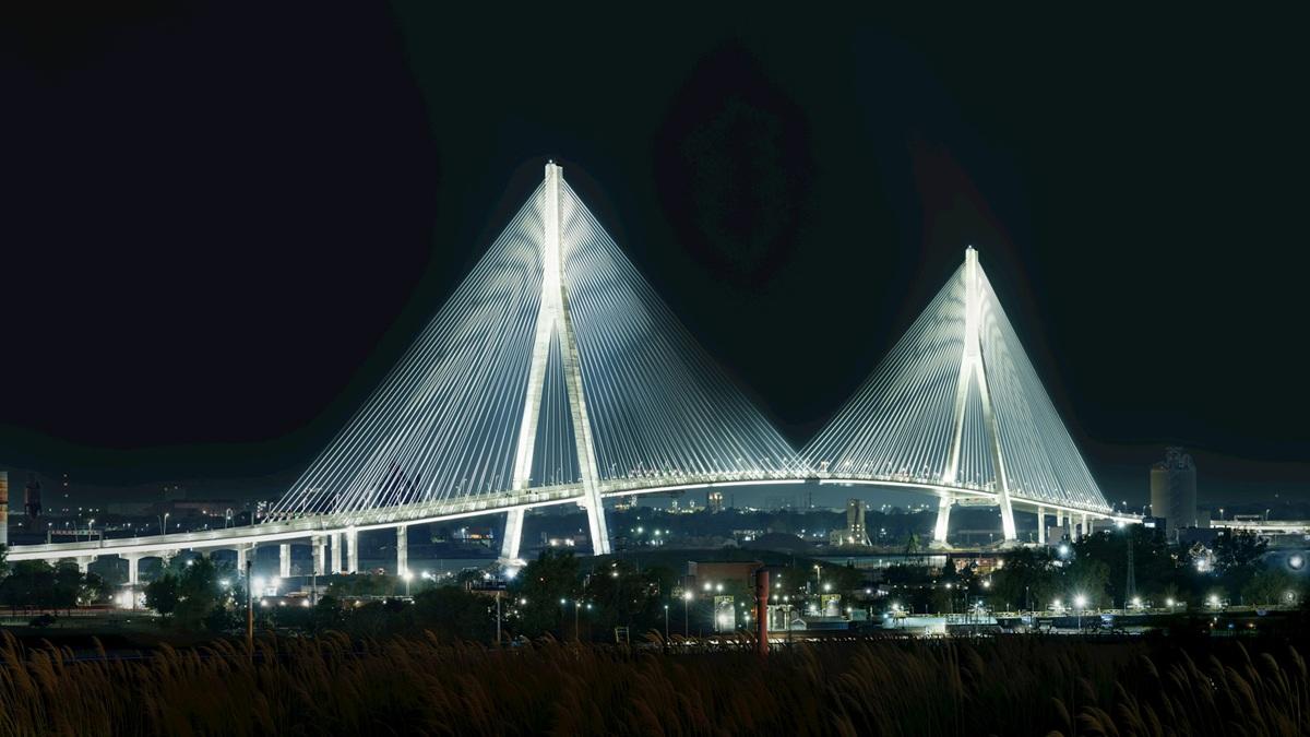 Gordie Howe Bridge lit up at night