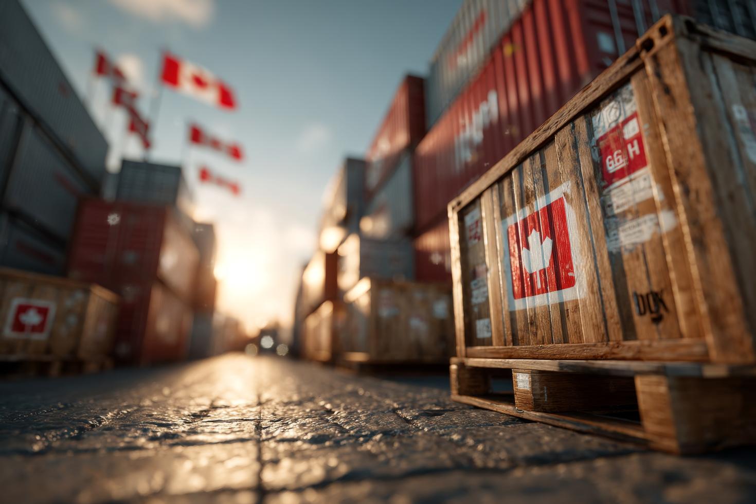 Canada flags and containers at port