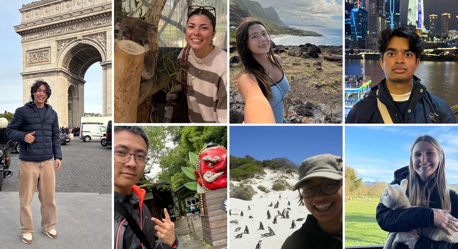 A collage of seven students in their various exchange destination countries, including Hawaii, Australia, Singapore and Ireland. 