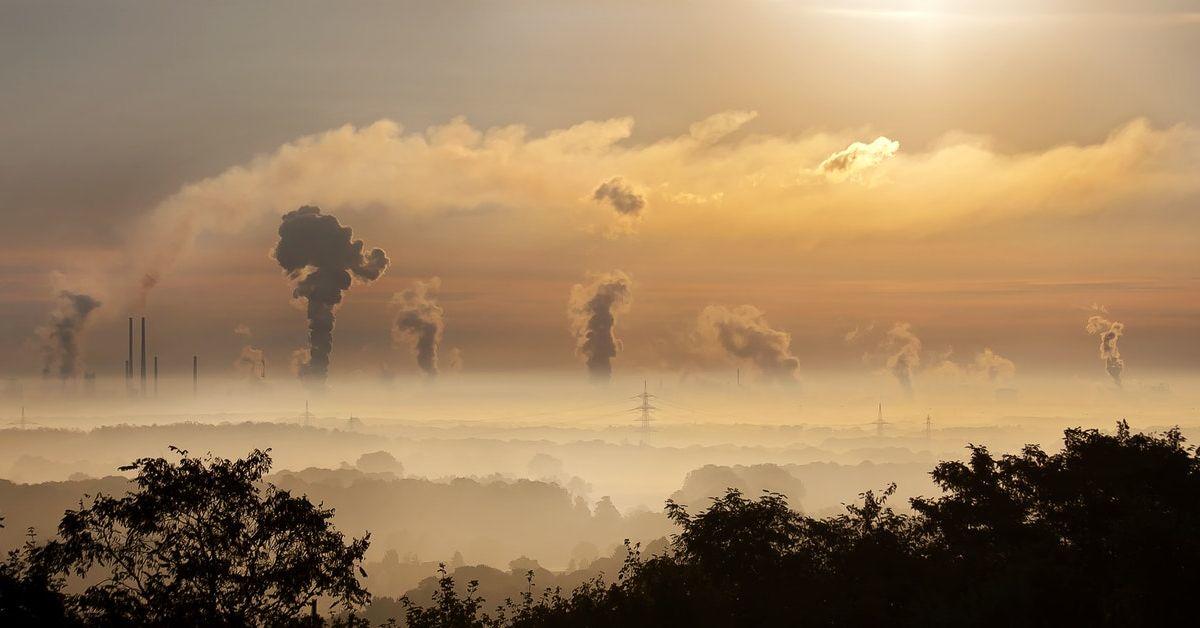 Paysage où l'on aperçoit au loin des cheminées industrielles