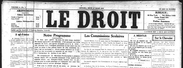 Page couverture du journal Le Droit, 1913, qui présente son programme.