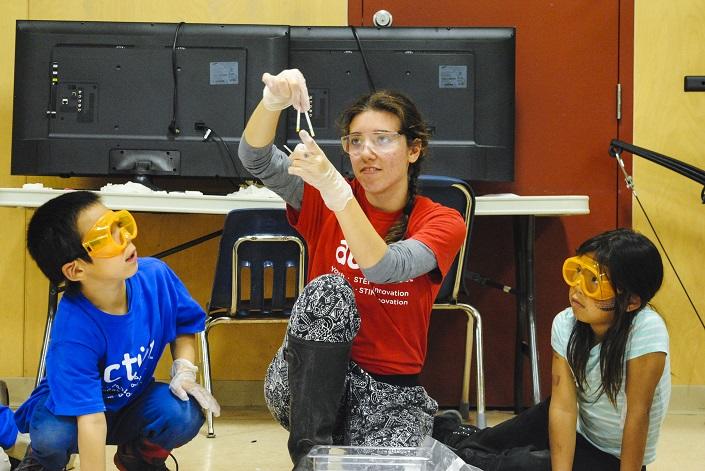 Children wearing goggles, sitting around a woman holding up chemical test strips.