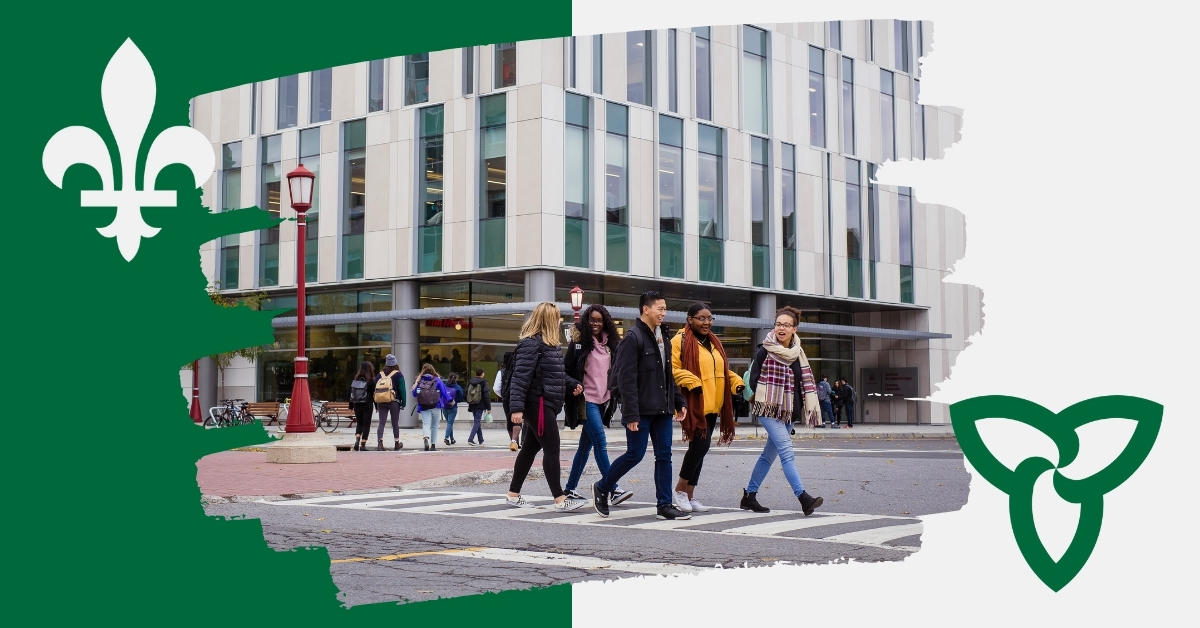 Photo d'étudiants sur le campus superposée à un drapeau franco-ontarien.