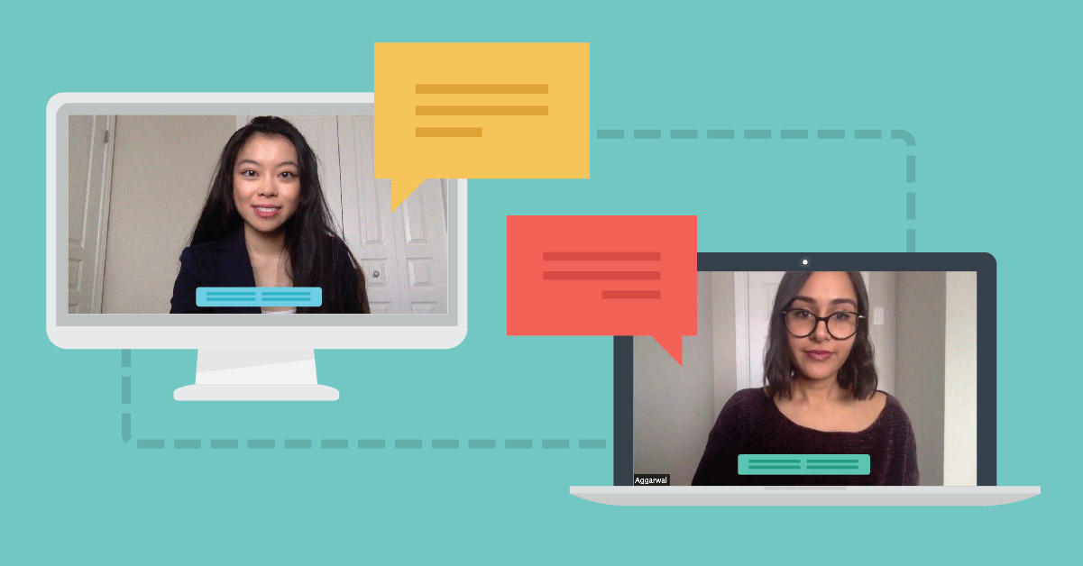 graphic of two computer screens with photos of students chatting with each other