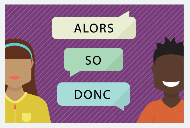 Création graphique d’un homme et d’une femme. Les mots « alors », « so » et « donc » apparaissent dans des bulles, entre les deux personnages.