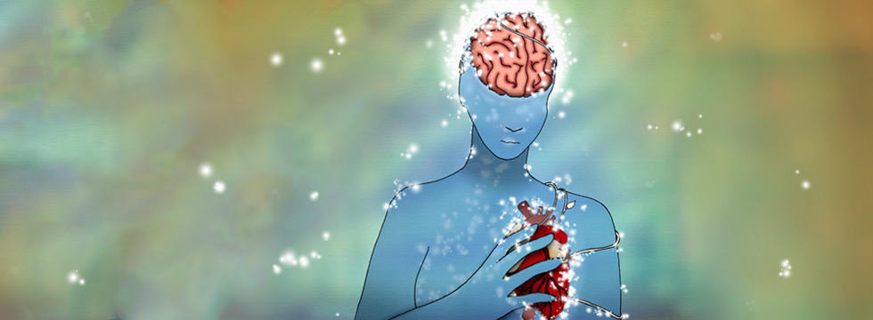 Image graphique d'une personne bleue tenant un coeur, entouré de lumières scintillantes. Le cerveau de l'individu est visible.
