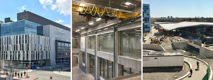 Collage représentant le Carrefour des apprentissages et la station de train léger vue de loin, ainsi que l’intérieur en béton du complexe STEM.