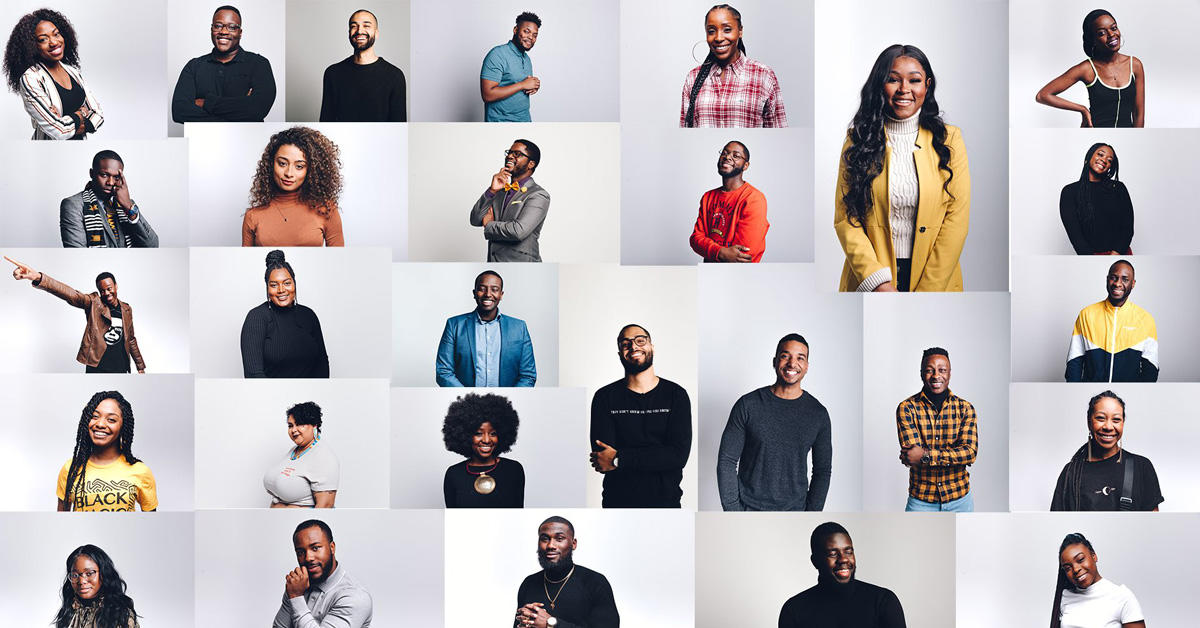Une mosaïque présentant les participants et participantes à la série vidéo 28 Moments of Black Canadian History
