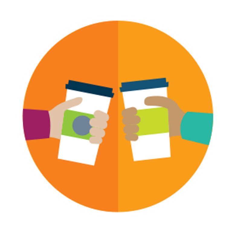 Comic-style illustration of two hands each holding coffee cups