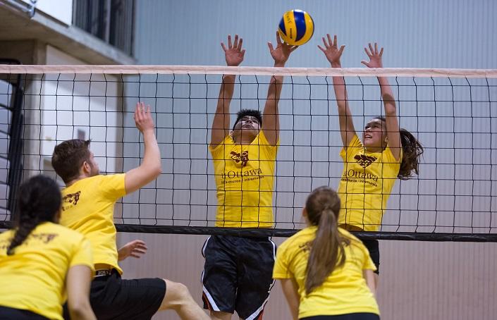 Cinq étudiants jouent au volleyball.