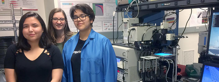 Étudiantes dans le laboratoire SUNLAB, entourées d’équipement scientifique.