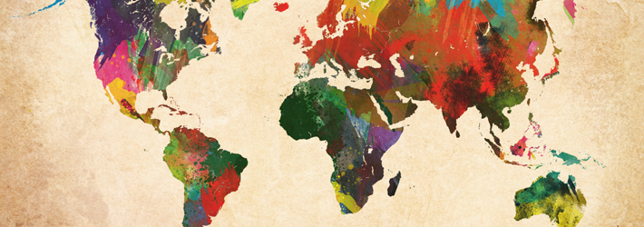 World map with each country and region with a different colour